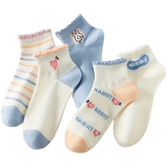 5 Pairs of Sock Ruffle Low Cut Ankle Cute Bunny Rabbit Women's Stockings Hosiery - Picture 8 of 9